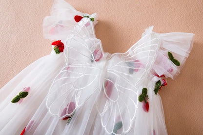 Summer Strawberry Princess Dress: Flying Sleeves, Bow Embroidery (1 - 5Y) - Baby Care Shop