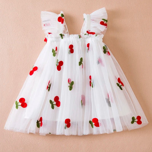 Summer Strawberry Princess Dress: Flying Sleeves, Bow Embroidery (1 - 5Y) - Baby Care Shop