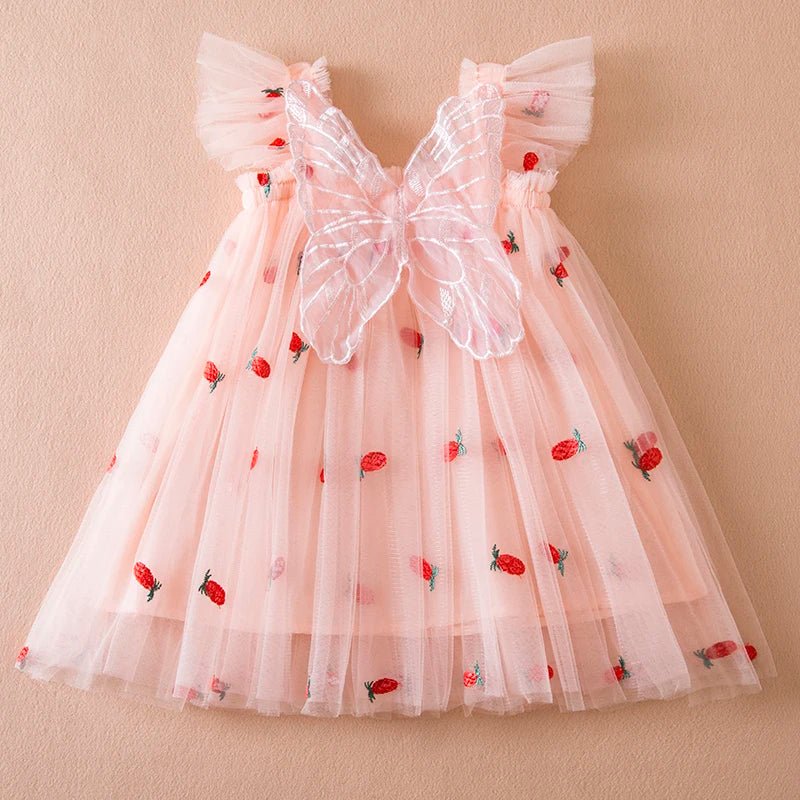 Summer Strawberry Princess Dress: Flying Sleeves, Bow Embroidery (1 - 5Y) - Baby Care Shop