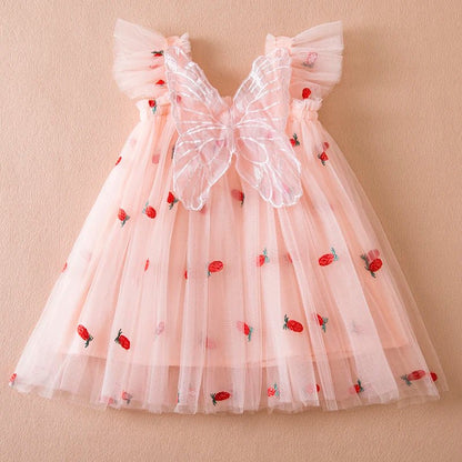 Summer Strawberry Princess Dress: Flying Sleeves, Bow Embroidery (1 - 5Y) - Baby Care Shop