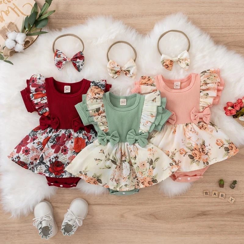 Summer Striped Bowknot Dress: Newborn Floral Jumpsuit - Baby Care Shop